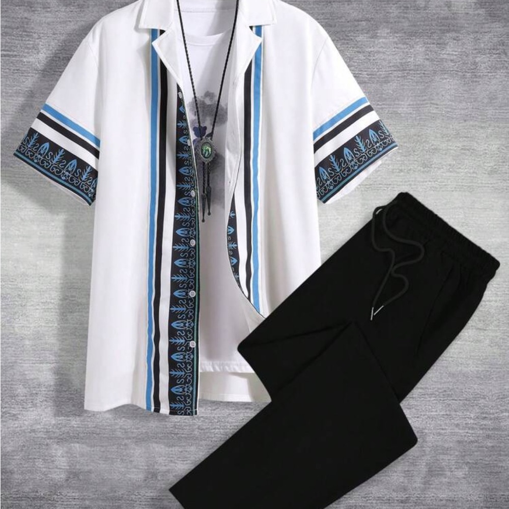 Manfinity RSRT Men Striped Print Shirt & Drawstring Pants Without Tee